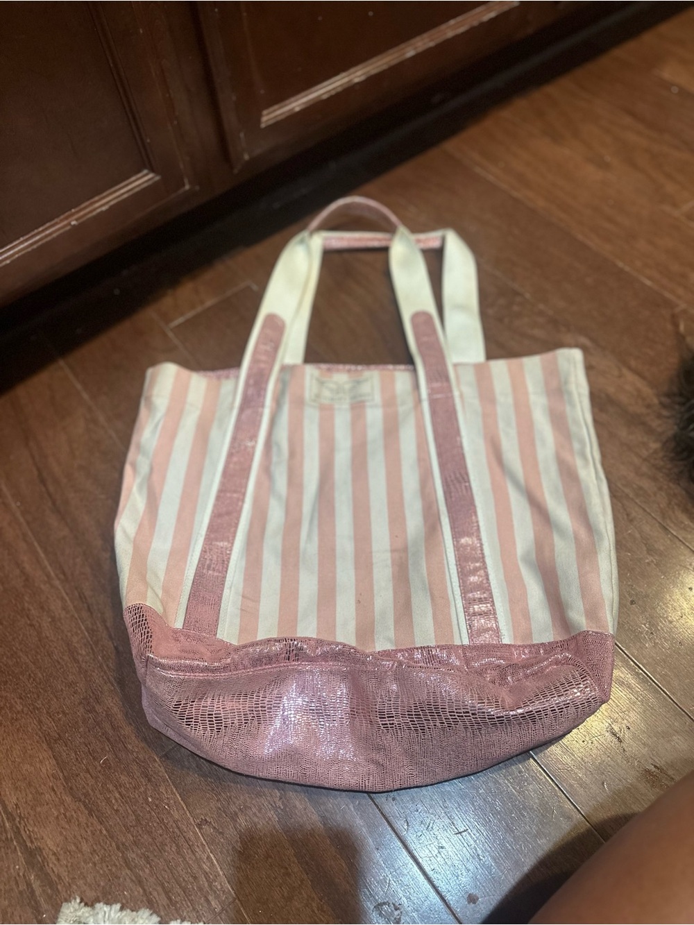 Victoria's Secret Pink and White Striped Canvas Tote with Shimmer Trim